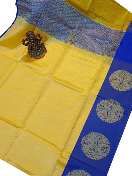 Yellow and Blue kora silk saree with kuppatam border